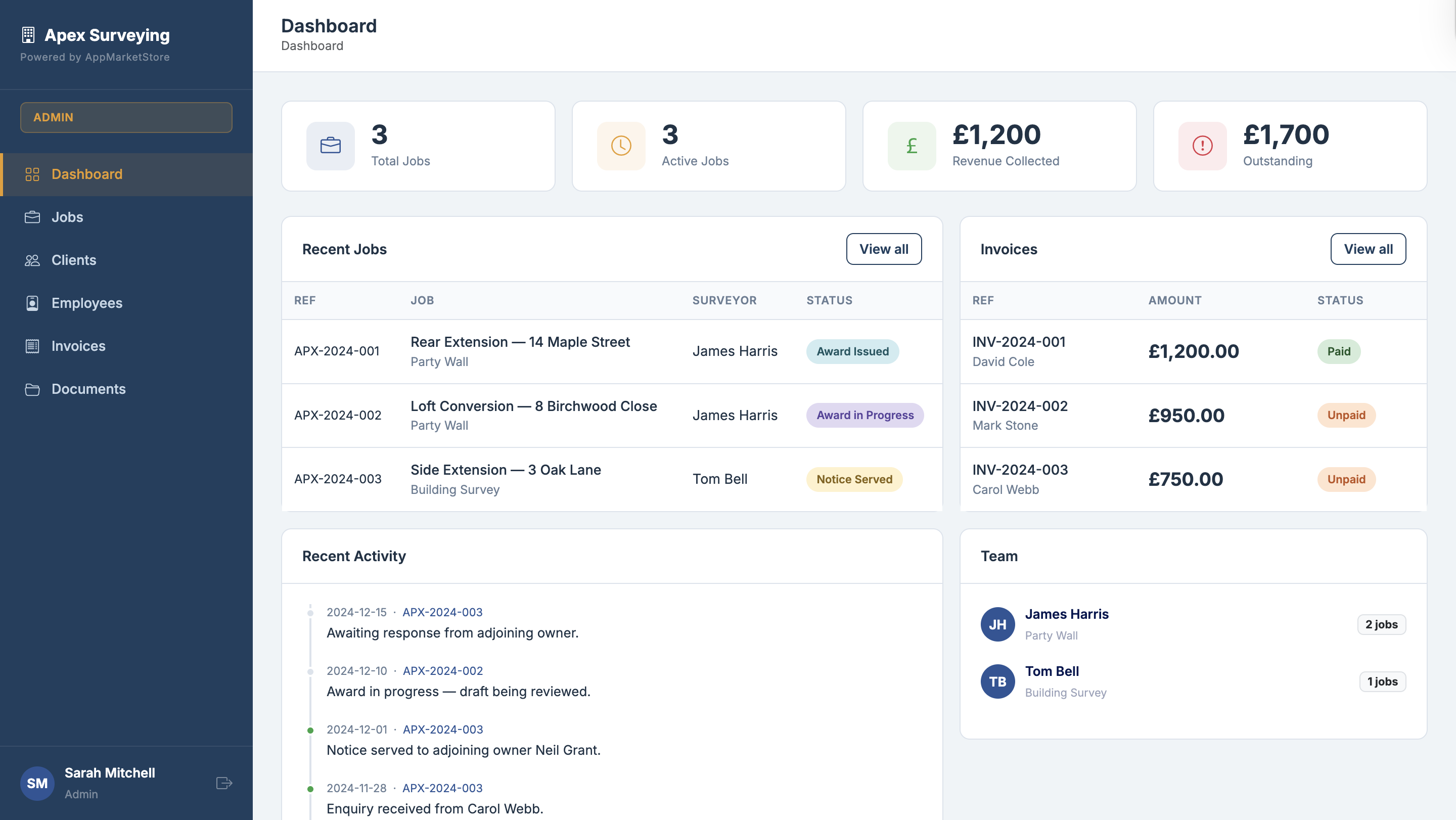 Apex Surveying admin dashboard